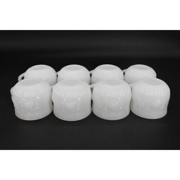 Set Of 8 Vintage Fruit Decorated Pressed Fused Milk Glass Punch Cups MINT - Picture 2 of 8